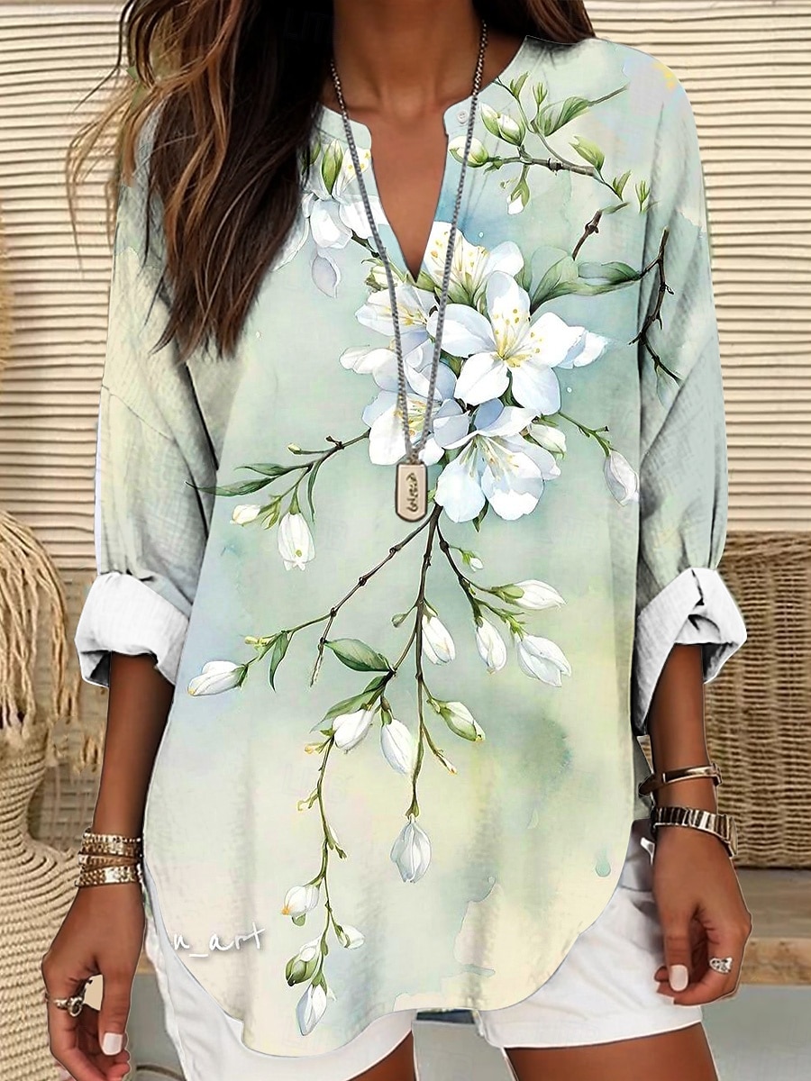 Femmes Hauts d'été Fleuri Graphique ancien Tropical Hawaïen manche longue Col en V Hauts Réguliers Quotidien Fête Tenue de plage Imprimé Blanche Vert Claire Bleu Kaki Été Printemps de 2025 ? $24.99 –P3