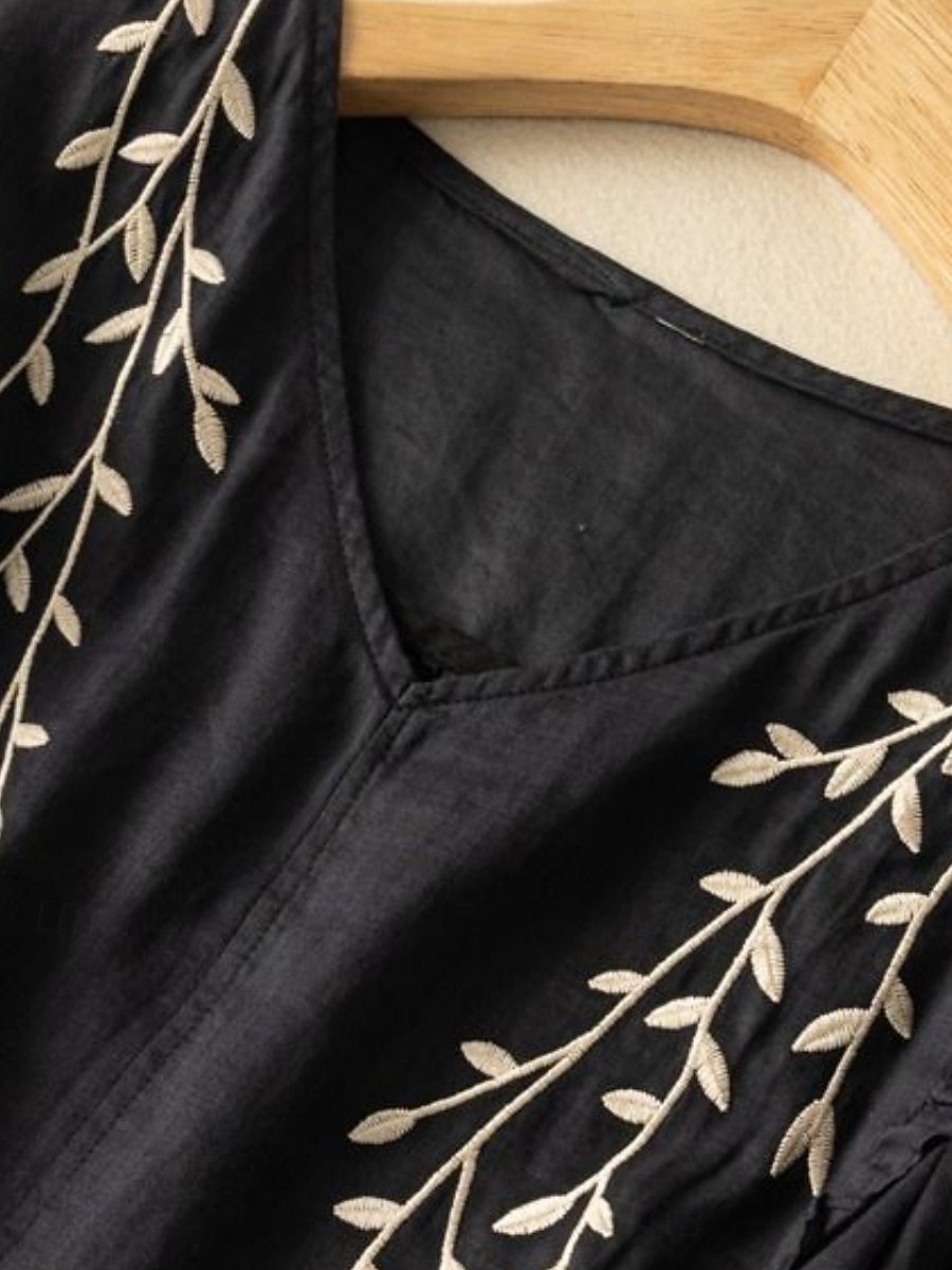 Cămașă de damă din bumbac și in, model floral, simplu, etnic, casual, mânecă 3/4, decolteu în V, croială regulată, topuri, zi de zi, brodat, galben, albastru marin, violet, portocaliu, caisă, vară 2025 - $17.99 –P14