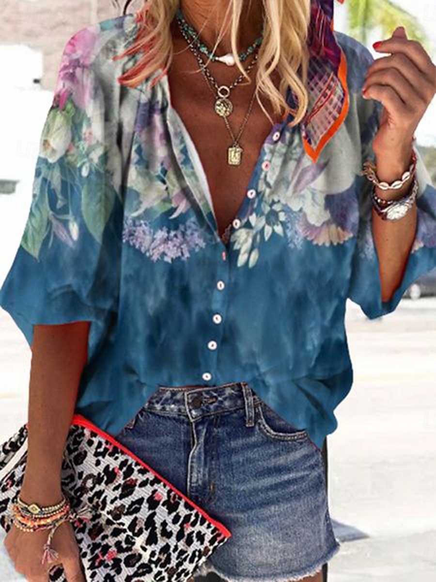 Dames Blouse Ombre Bloemig Grafisch Bohemen Dagelijks Casual 3/4 mouw Hoge nek Normale tops Knop Afdrukken Marineblauw Hemelsblauw Zomer Lente 2025 - $34.99 –P4