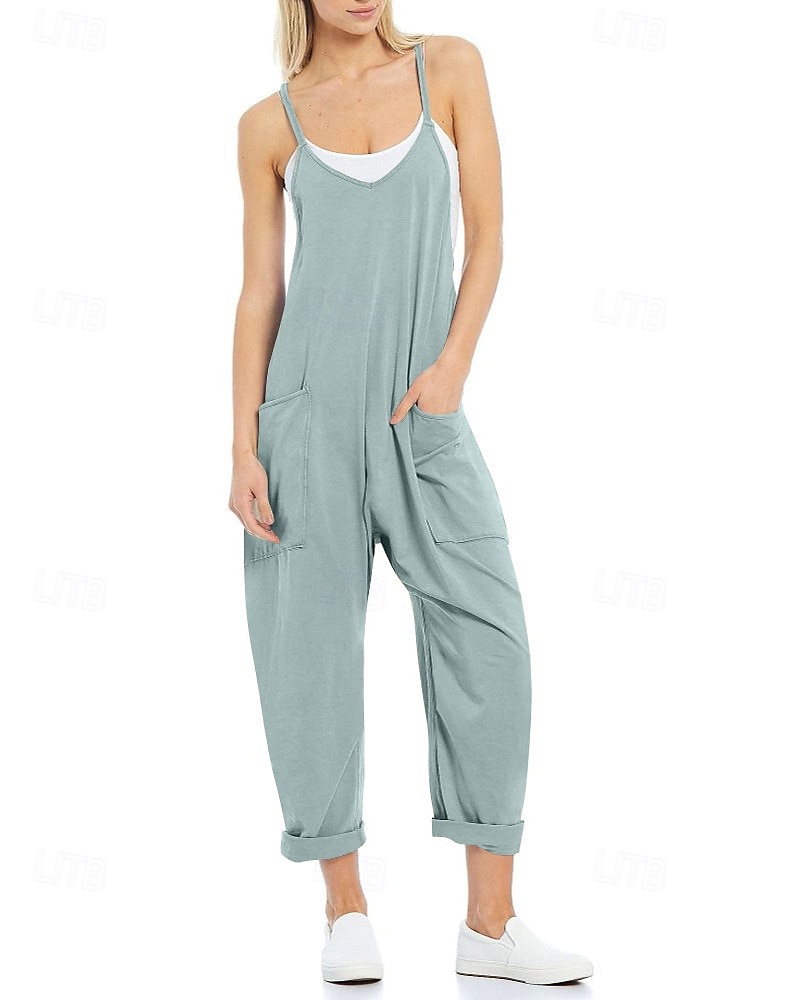 Femmes Normal Combinaison Occasionnel Couleur Unie Sans manches Col en V Avec Poches Sortir Week-end Coupe régulière Noir Vert Claire Vert Véronèse Été de 2025 ? $23.99 –P2