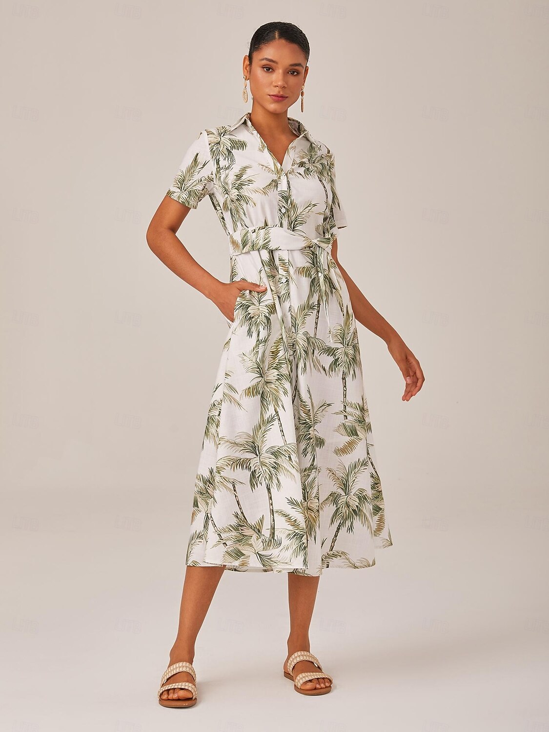Dames Vrouw Shirtjurk Casual jurk Jurk met print Halflange jurk Groen Korte mouw Blad Planten Palmboom Zak Omgord Afdrukken Zomer Lente Herfst Overhemdkraag Vakantie XS S M 2025 - $81.99 –P7