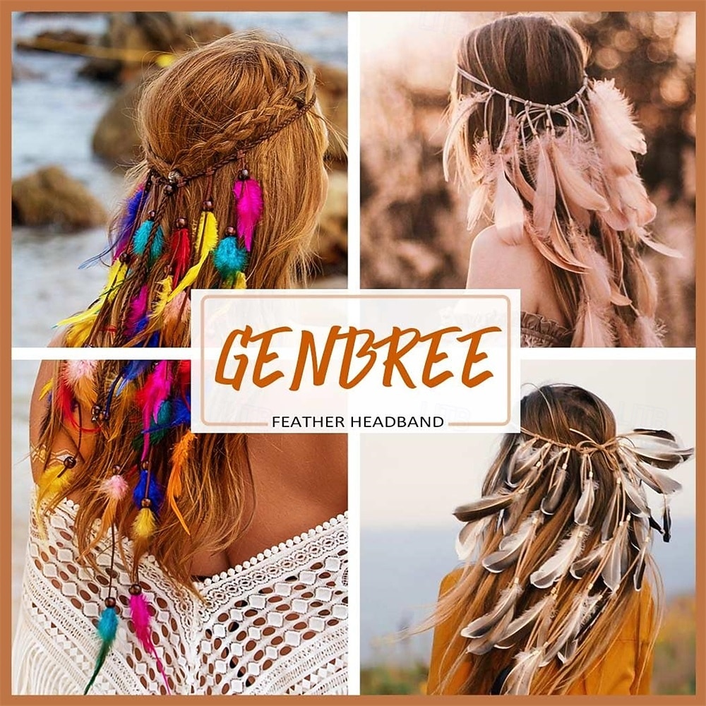 Boho Rainbow Indian Headbands Hippie Feather Headdress Adjustable Long Feather Hair Accessories for Women and Girls 2025 - $15.49 –P12