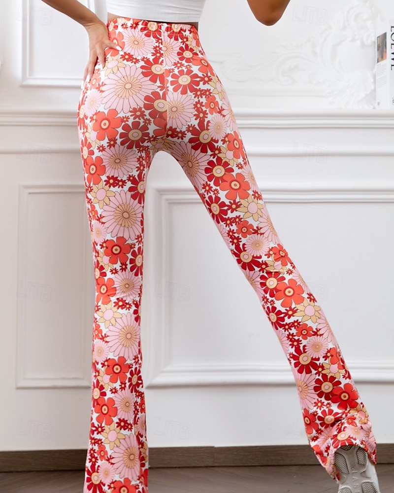 Women's Bell Bottom Slacks Fashion Boho Full Length Natural Flower Elastic Waist Printing Outdoor Comfortable Holiday Going out Magenta Orange red Black Pink Summer Regular Fit 2025 - $16.99 –P20