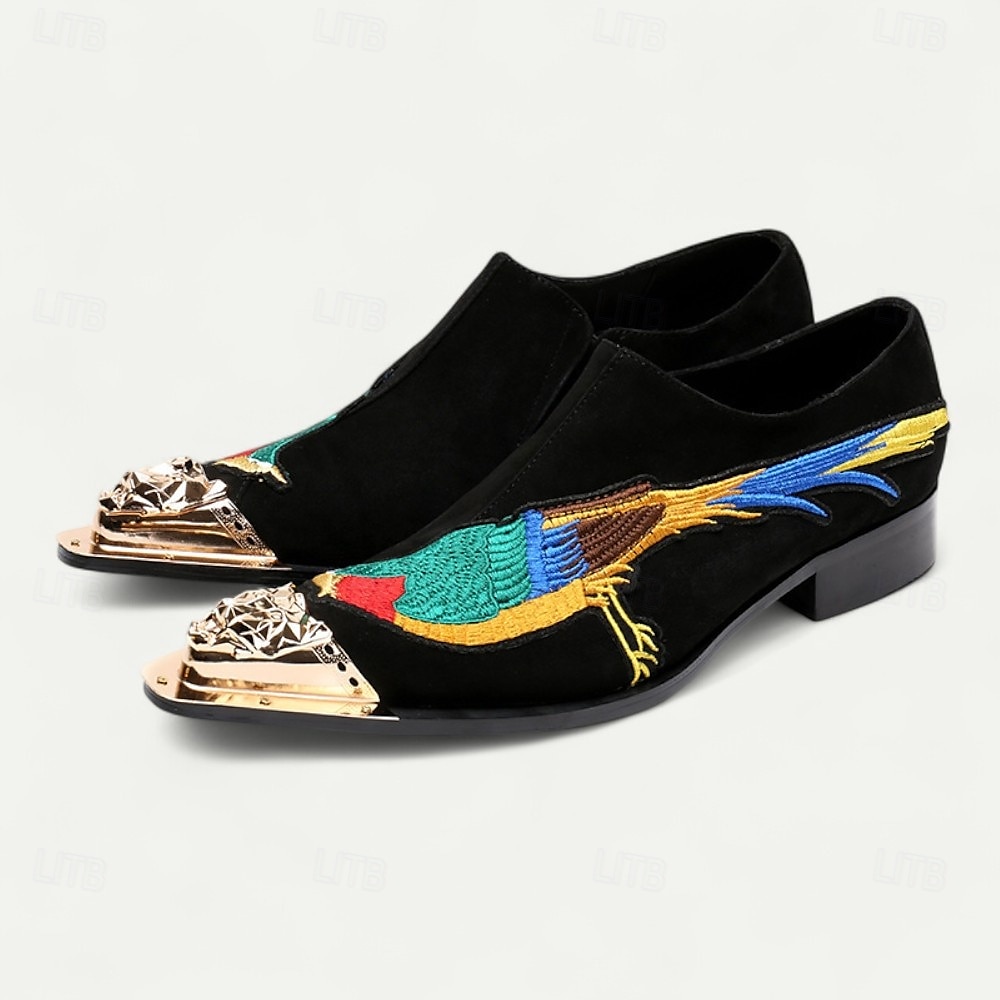 Mocasini bărbătești din catifea brodată, cu design colorat cu păsări și vârf metalic – pantofi eleganti de lux, fără mâneci, pentru petreceri și nunți 2025 - $109.99 –P1