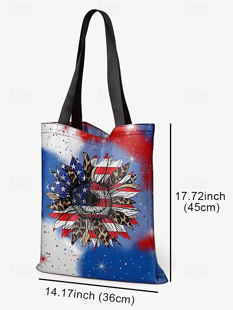 Tote bag met Amerikaanse vlag en zonnebloemprint met sterrenachtergrond, boho-stijl, perfect voor vrouwen - ideaal voor Onafhankelijkheidsdag, festivals en stranduitjes 2025 - $14.99 –P5