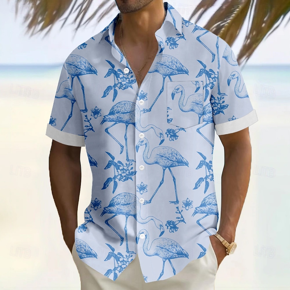 Miesten Flamingo Lintu Havaiji paita Button Up paita Havaijilaispaita Lyhythihainen Havaijilainen Loma Pyhäpäivä Ranta-asut Kesä Sänkyjen avaus 3D-tulostus Edessä yksi tasku Pellava kuin paita 2025 - $23.99 –P2