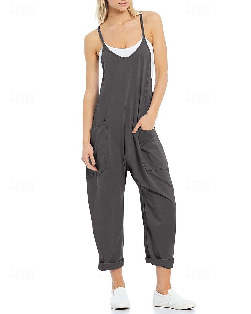 Femmes Normal Combinaison Occasionnel Couleur Unie Sans manches Col en V Avec Poches Sortir Week-end Coupe régulière Noir Vert Claire Vert Véronèse Été de 2025 ? $23.99 –P15