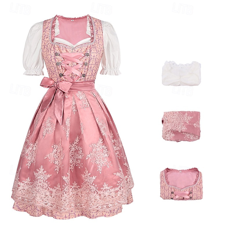 Women's Bavarian Dirndl Dress Costume with Lace Apron and Blouse Pink Satin Embroidery Outfit for Oktoberfest Festival 2026 - $80.99 –P2