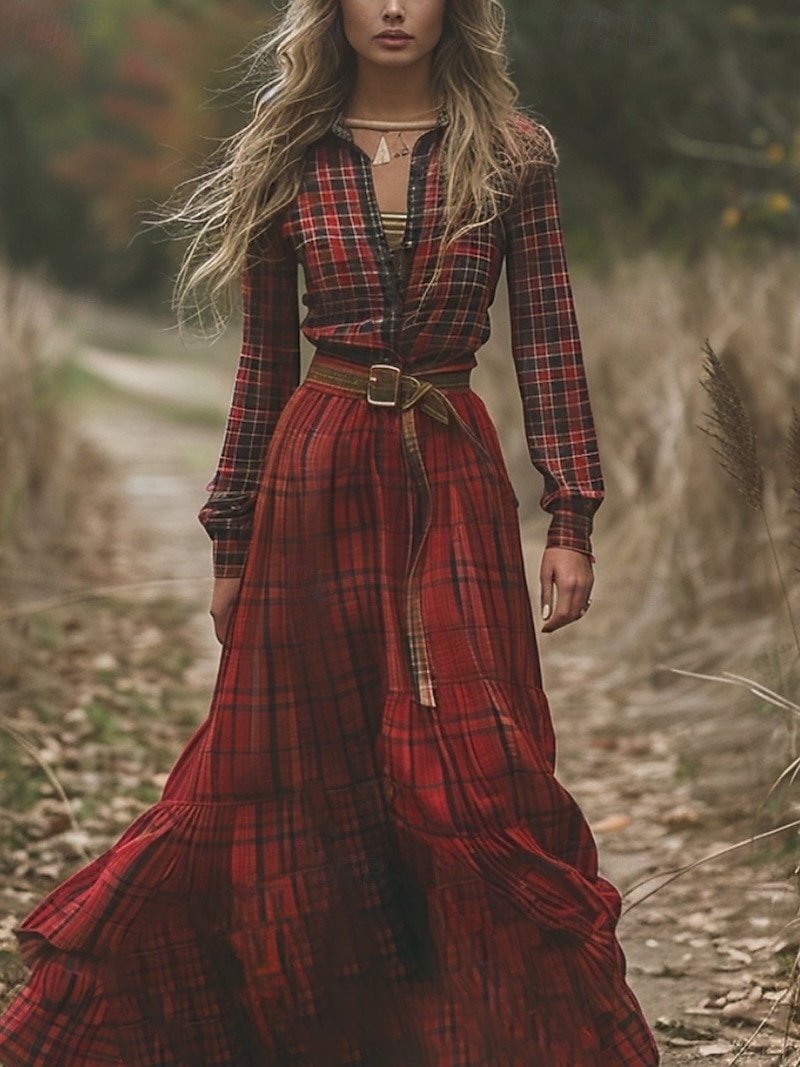 Damen Langes Kleid Maxikleid Kariertes Kleid Freizeitkleid Schwingkleid Sommerkleid Vintage Urlaub Täglich Ferien Normale Passform Karomuster Langarm V Ausschnitt Wein Sommer 2025 - $32.99 –P1