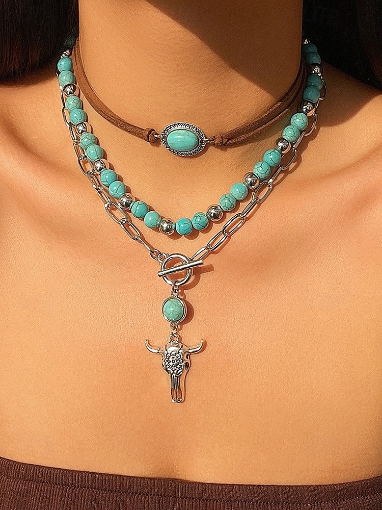 Women's Western Layered Turquoise Beaded Necklace Set – Boho Statement Jewelry with Cactus & Teardrop Charms, Ideal for Festivals, Country Concerts and Casual Wear 2025 - GBP £7.27 –P4