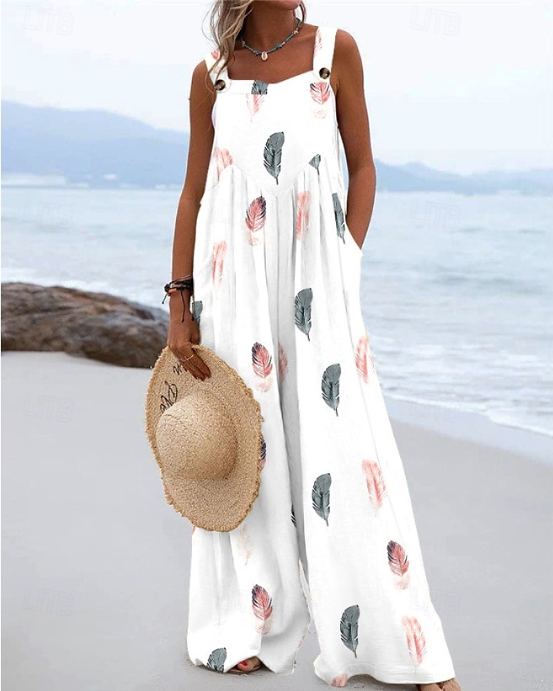 Damen Jumpsuit Latzhose Streetwear Blumenmuster Ärmellos U-Ausschnitt Taschendruck Alltag Ausgehen Regular Fit Rosa Braun Beige Sommer 2025 - $24.99 –P4