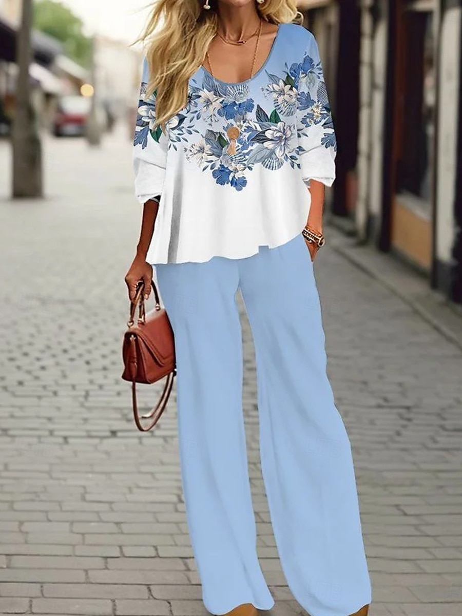 Naisten pusero 3/4 hihainen U-kaula-auko liukuvärinen kukkakuva ulkoiluloma rento musta vaaleanvihreä taivaansininen kesä löysä malli 2025 - $41.99 –P5