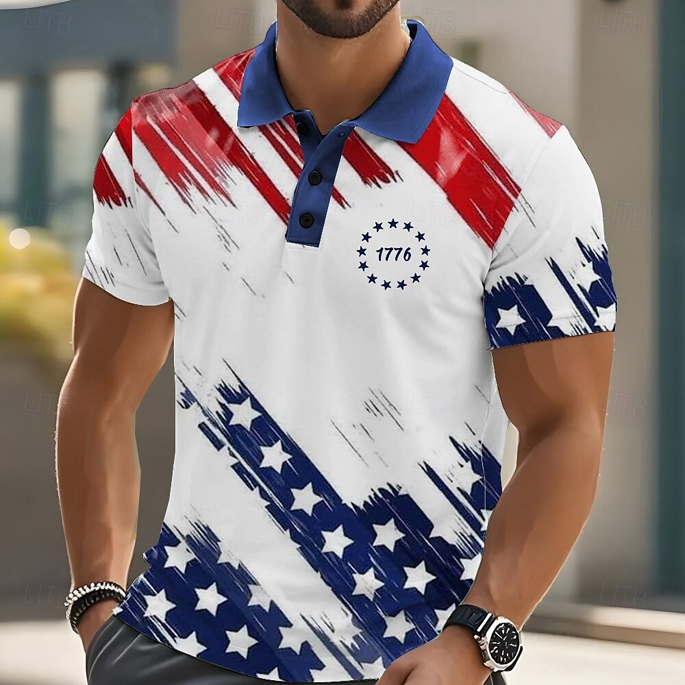 Independence Day Men's American US Flag Polo Short Sleeves Lapel Casual Daily Athleisure Casual Daily Festival Buttons Summer Red Navy Blue 2025 - $22.99 –P2