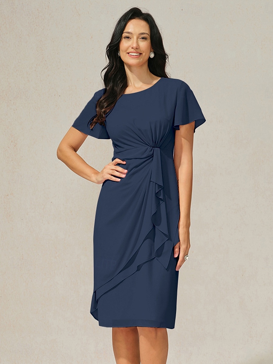Mulheres Vestido Em Camadas Vestido midi Chiffon Nó torcido Convidado do casamento Coquetel Elegante Formal Gola Redonda Manga Curta Borboleta Azul Escuro Cor de 2025 por $49.99 –P7