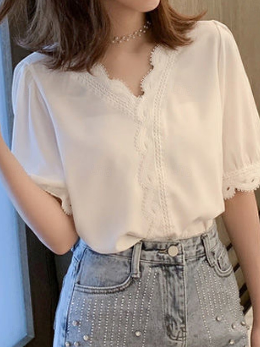 Damen Bluse Einfarbig Stilvoll Basic Lässig Kurzarm Hemdkragen Normale Oberteile Täglich Patchwork Knöpfe Spitzenbesatz Weiß Sommer 2025 - $13.99 –P2