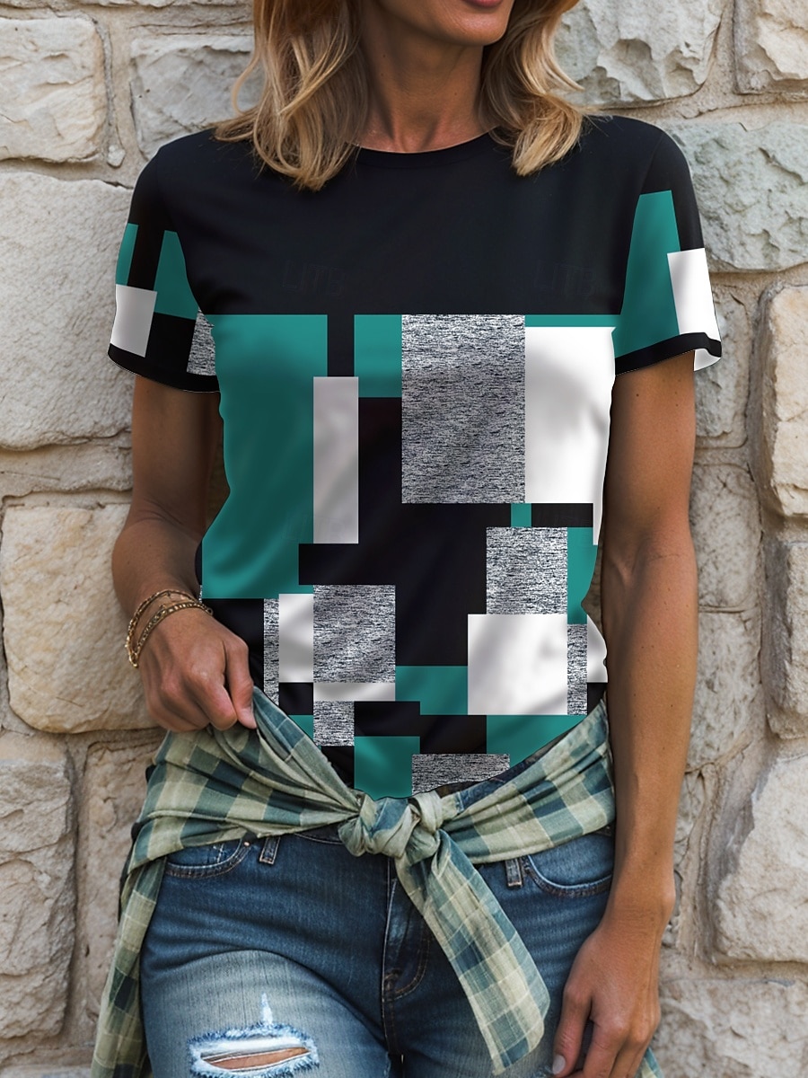 Dame T skjorte Grafisk Geometrisk Fargeblokk Årgang Stilfull Klassisk Kortermet Crew-hals Rund hals Vanlige topper Daglig Trykt mønster Rød Blå Lilla Grønn Sommer Vår 2025 - $19.99 –P5