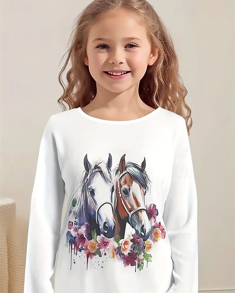 Девочки 3D Животное Лошадь Футболка Длинный рукав Весна Осень Мода Классический Дети 4-12 лет Вырез под горло на открытом воздухе Повседневные Стандартный 2026 - $13.99 –P3