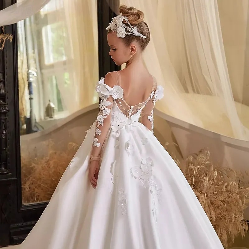 Girl Elsa Dress With Long Train Ball Gown Sweep Brush Train Flower Girl  Dress First Communion