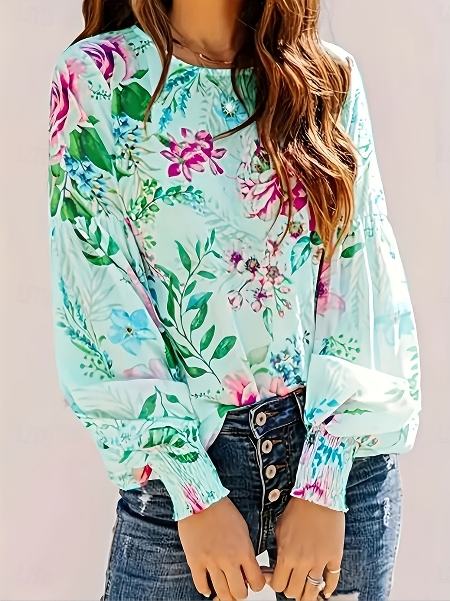Dames Overhemd Afdrukken Bloemig Tropisch Stijlvol Casual Lange mouw Strakke ronde hals Normale tops Dagelijks Wit Blozend Roze Groen Zomer Lente 2026 - $22.99 –P4