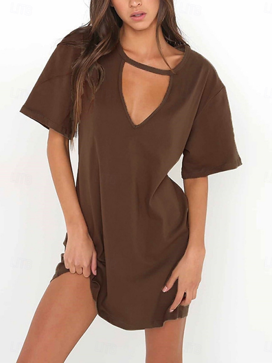 Pentru femei Rochie Mini Rochii Tricou Rochie de vară Casual Zilnic Fit regulat Simplu Manșon scurt În V Negru Alb Maro Trifoi Vară 2025 - $14.49 –P8