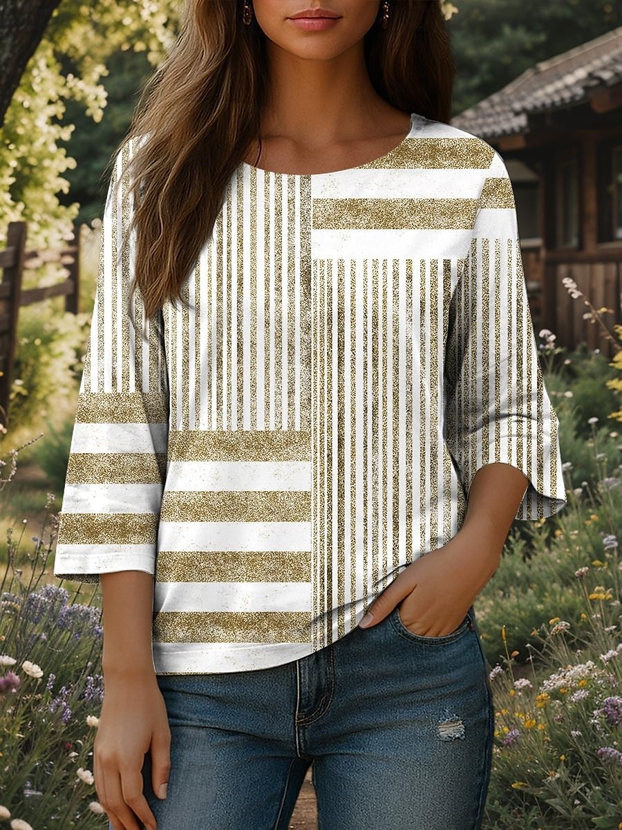 Dame Bluse Grafisk Stripet Bohem Daglig Etnisk 3/4 ermer Crew-hals Vanlige topper Daglig Ferie Trykt mønster Blå Lilla Grønn Kakifarget Sommer Vår 2025 - $27.99 –P6