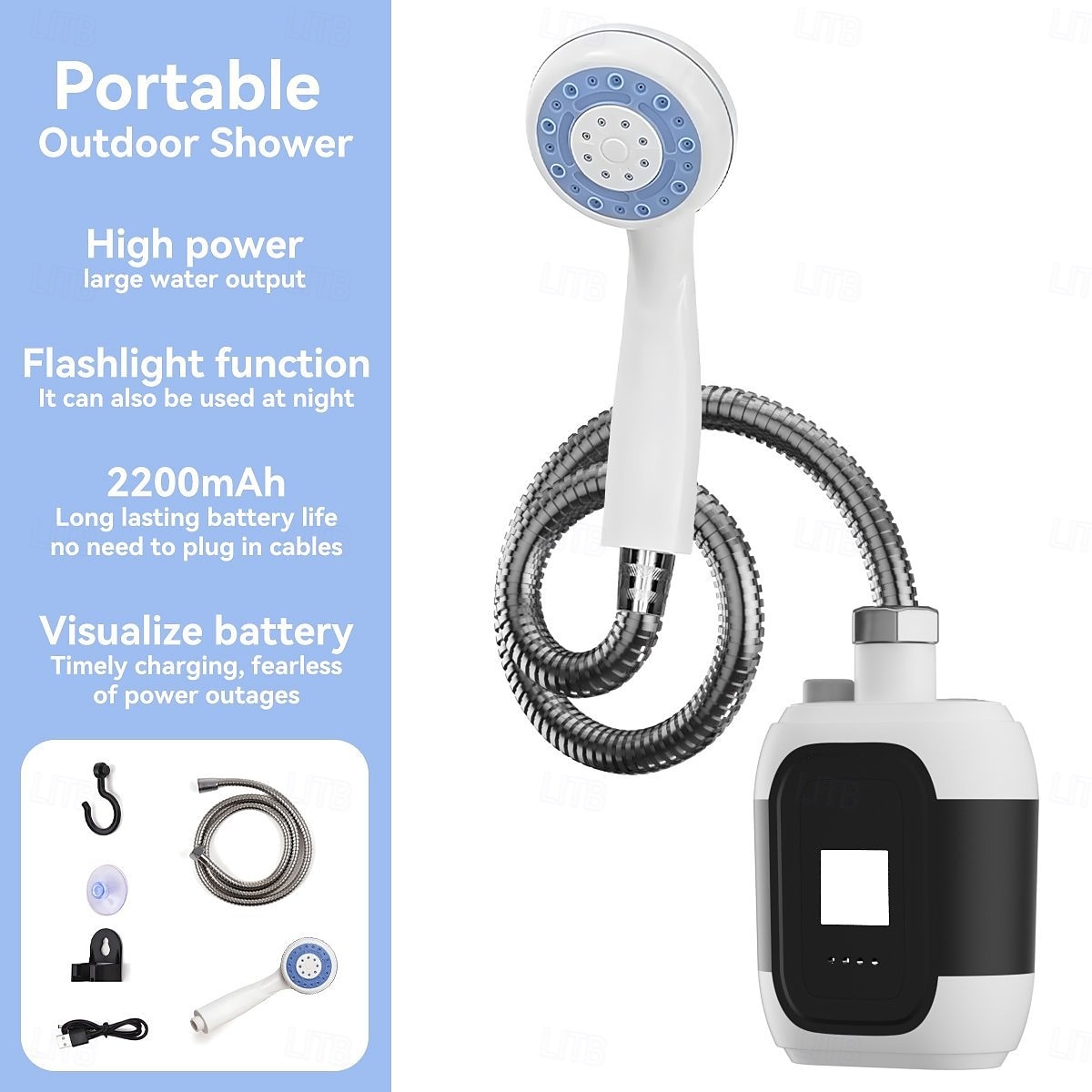Pompa per doccia da campeggio, doccia portatile da campeggio da 2200 mAh con luce a LED, pratica doccia elettrica multiuso per esterni, per il lavaggio auto all'aperto in dormitorio. del 2025 a $35.99 –P5