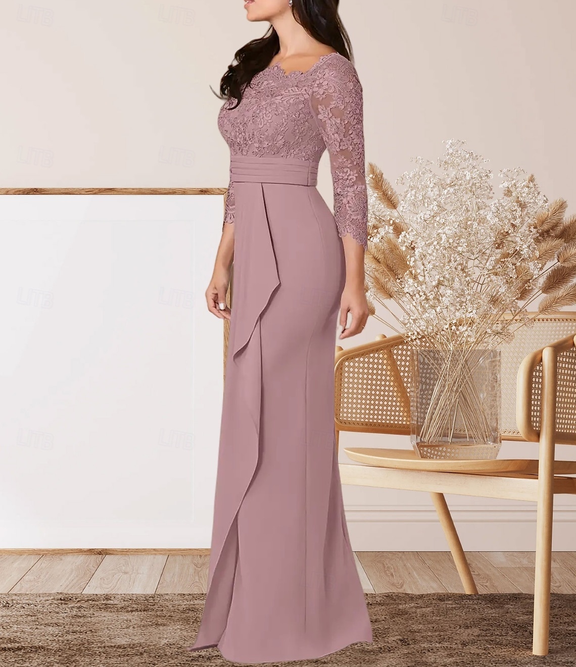 Sloupec  Sloupové šaty matky nevěsty Svatební Host Elegantní Čtvercový Krk Délka Podlahy Chiffon Krajka 3/4 Dlouhý Rukáv s Krajkovým Páskem  Stuhou Krepováním 2025 - $164.99 –P3