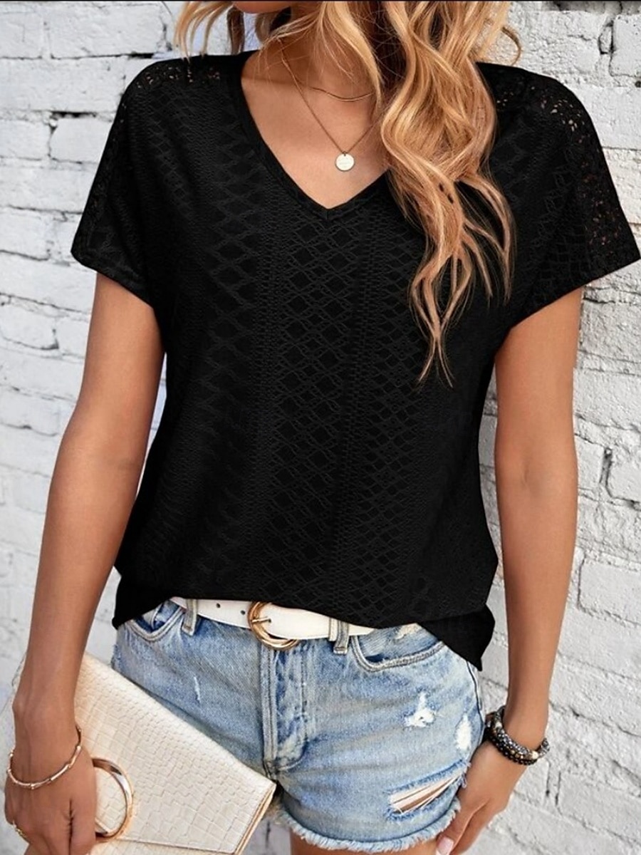 Femmes T-shirt Uni Mode Moderne Occasionnel Manche Courte Col en V Hauts Réguliers Quotidien Week-end Œillet Noir Blanche Jaune Rose Claire Été de 2025 ? $23.99 –P1