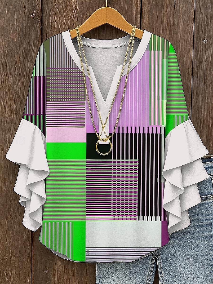 Damskie Bluzka Graficzny Geometryczny Kratka Zabytkowe Codzienny Elegancki Rękaw 3/4 W serek Zwykłe topy Codzienny Święto Ubrania wakacyjne Falbana Nadruk Żółty Czerwony Niebieski Fioletowy Zielony 2025 - $29.99 –P4