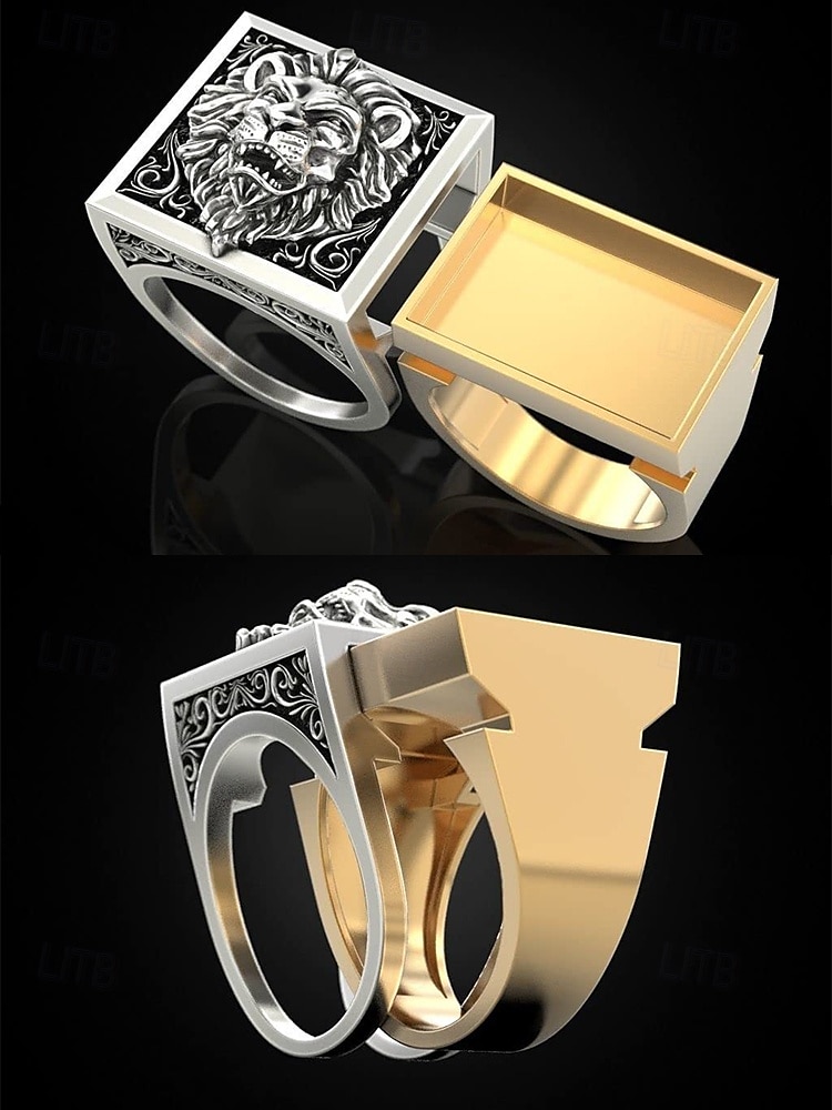Heren statement leeuwenkop ring met uittrekbaar detail en vierkant design, modieuze statement sieraden voor casual en formele gelegenheden 2025 - $7.99 –P5