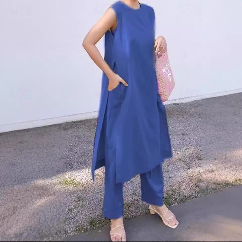 Femmes Mode Streetwear Ensembles en coton et lin Ensembles de Pantalons Manche Courte Col ras du cou Uni Tenue quotidienne Date Rose Claire Bleu Vert Été Coupe régulière de 2025 ? $34.99 –P2
