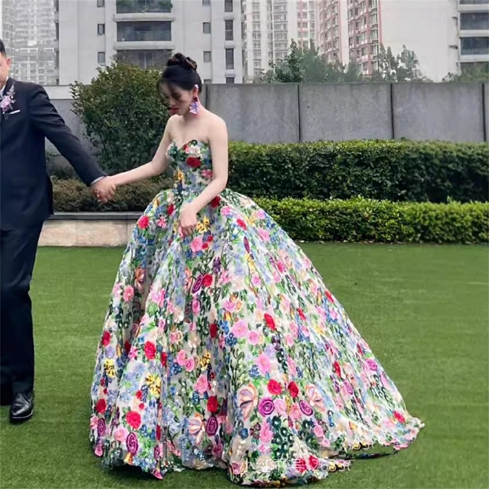 Abito da Ballo Quinceanera Elegante Abito Formale Matrimonio Lunghezza Piena Senza Maniche Senza Spalline Tulle Senza Schiena con Stampa Floreale Abito Ospite Matrimonio 2025 del 2025 a $219.09 –P2