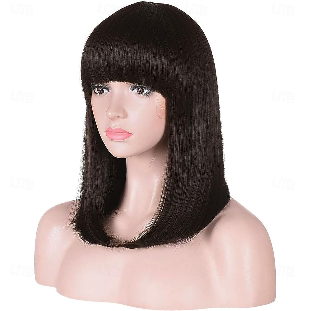 2026年 女性用ミディアムロングヘアウィッグ、ダークブラウンボブウィッグ、フリンジ付き、ナチュラルストレートヘアウィッグ、ハロウィン仮装コスプレ用16インチ  コレクション – $24.99 –P3