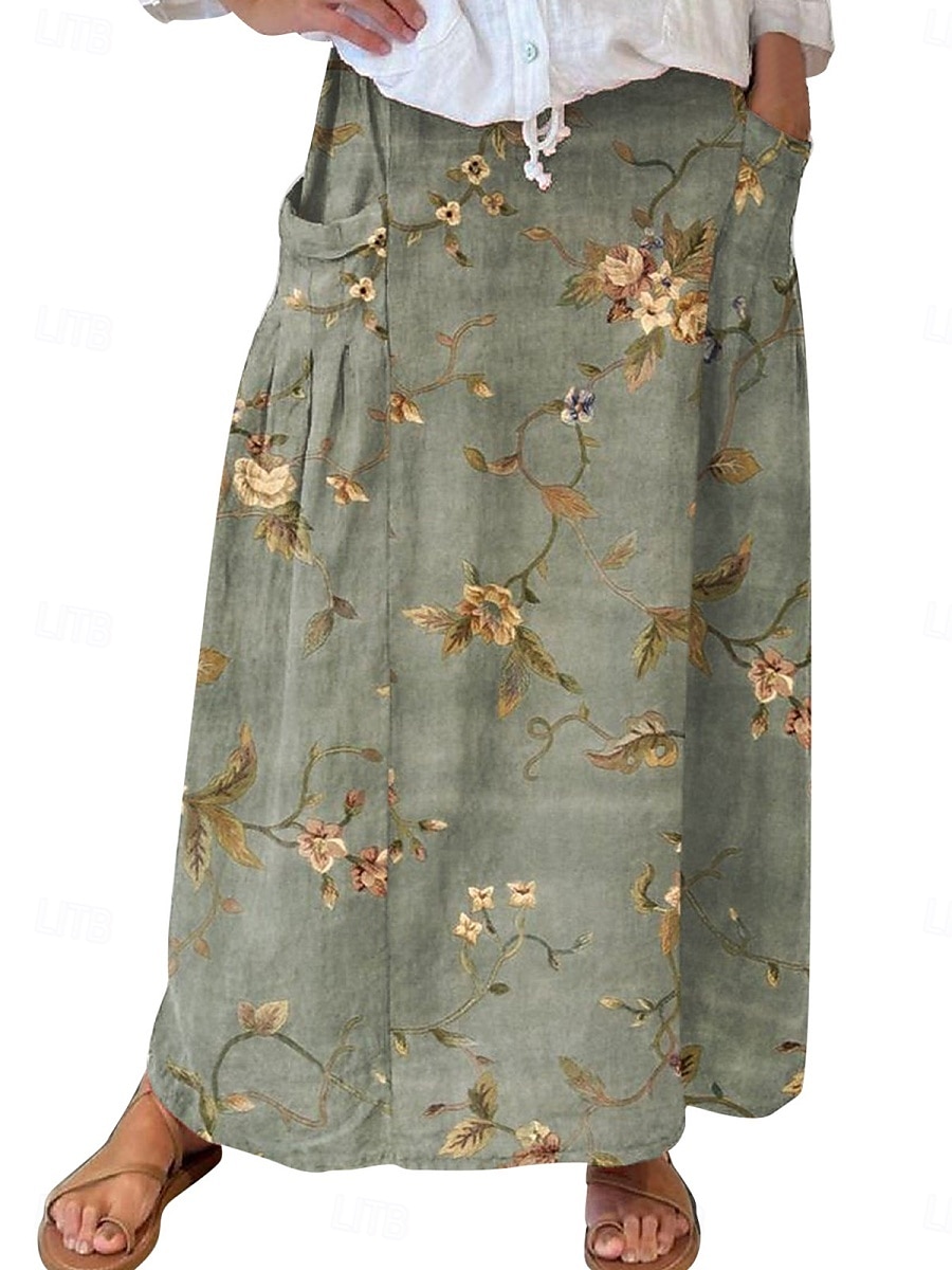 Dame الالتفاف A-linje Bohem Årgang Fritid Maksi Høy Midje Skjørt Blomster Lomme Trykt mønster Mikroelastisk Gate Daglig Hvit Blå Grønn Grå Sommer Polyester Bomullsblanding 2025 - $29.99 –P3