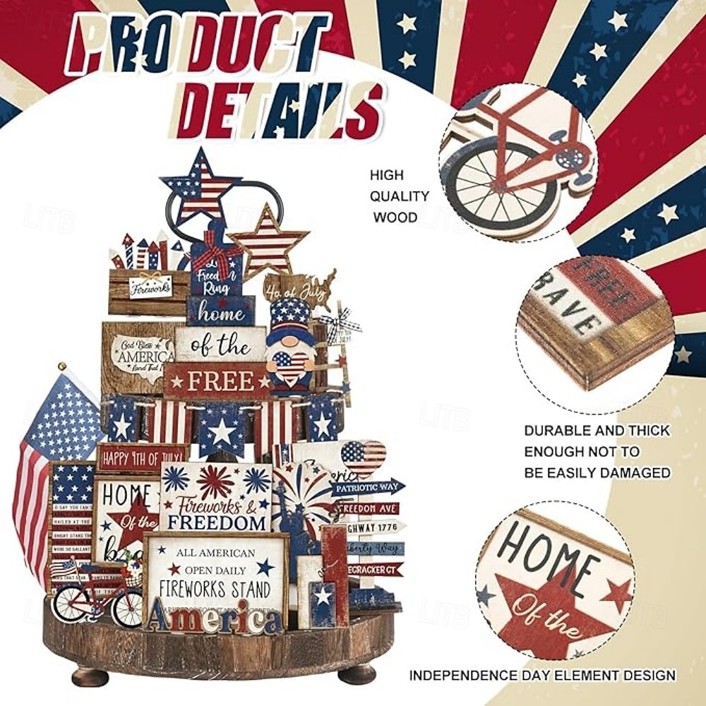 Patriotic Tiered Tray Decor Set for 4th of July and Memorial Day, Rustic Wooden Red White Blue Signs, Vintage Farmhouse Independence Day Table Decorations, Glow Americana Party Decor 2025 - $22.99 –P4