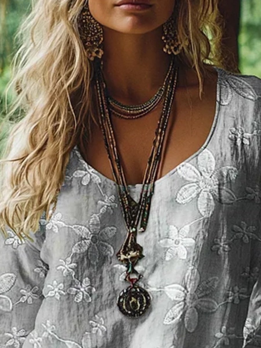 Women's Western Blouse Boho Shirt Blouse Flower Modern Casual Long Sleeve V Neck Regular Tops Daily Holiday Going out Print Gray Autumn 2025 - $19.99 –P2