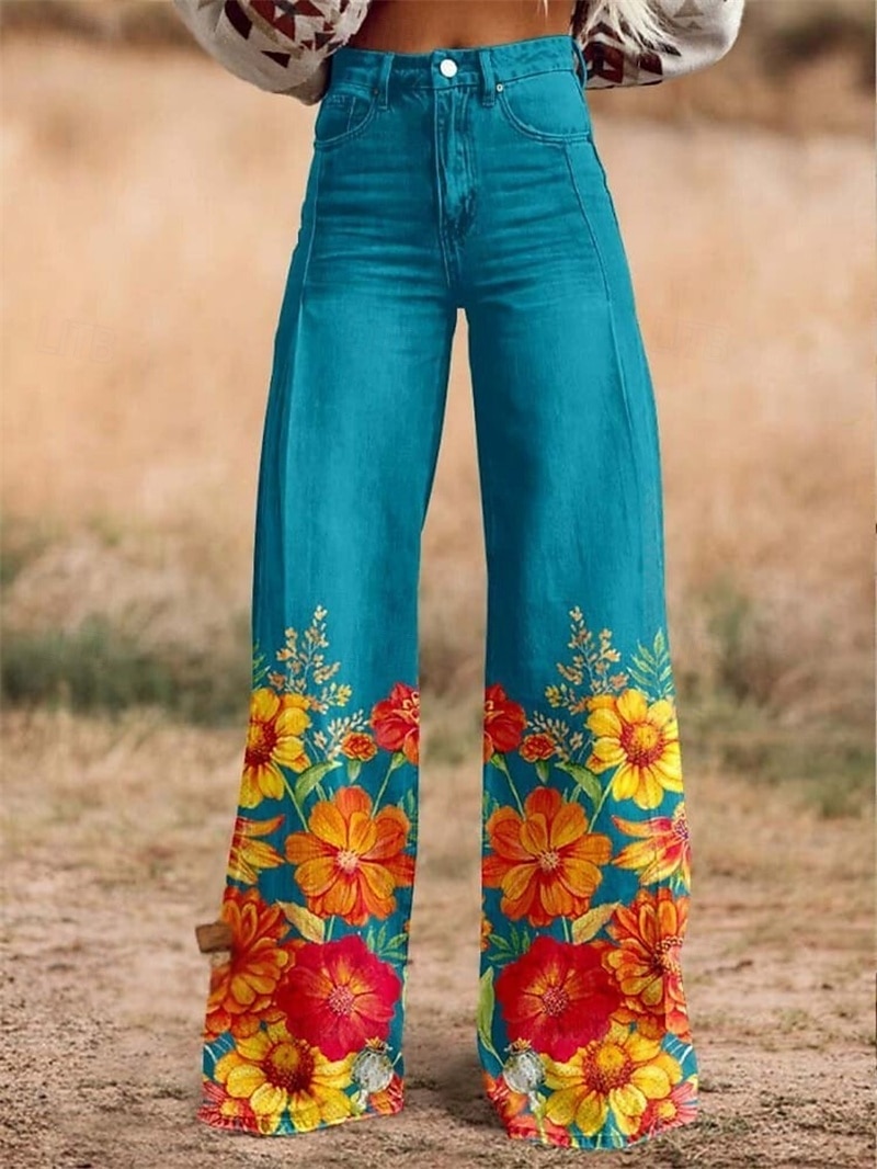 Retro Cikánský 70. léta Kalhoty Široké legované kalhoty Hippie Disko Vysoký pas Květinový Styl falešných džínů Maškarní kostým Dámské Karneval Běžné / Denní hudební festival Retro tematická párty 2025 - $35.99 –P1