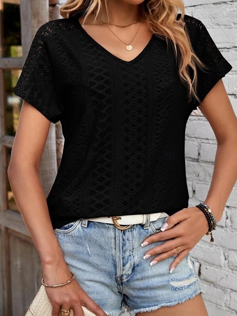 Femmes T-shirt Uni Mode Moderne Occasionnel Manche Courte Col en V Hauts Réguliers Quotidien Week-end Œillet Noir Blanche Jaune Rose Claire Été de 2025 ? $23.99 –P5