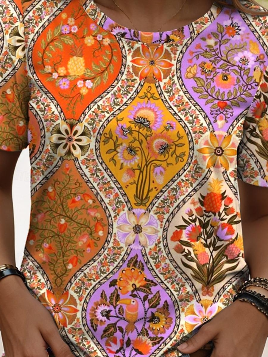 Femmes T-shirt Fleuri Graphique Géométrique ancien Élégant Classique Manche Courte Col ras du cou Hauts Réguliers Quotidien Week-end Imprimé Bleu Fuchsia Orange Été Printemps de 2025 ? $19.99 –P2