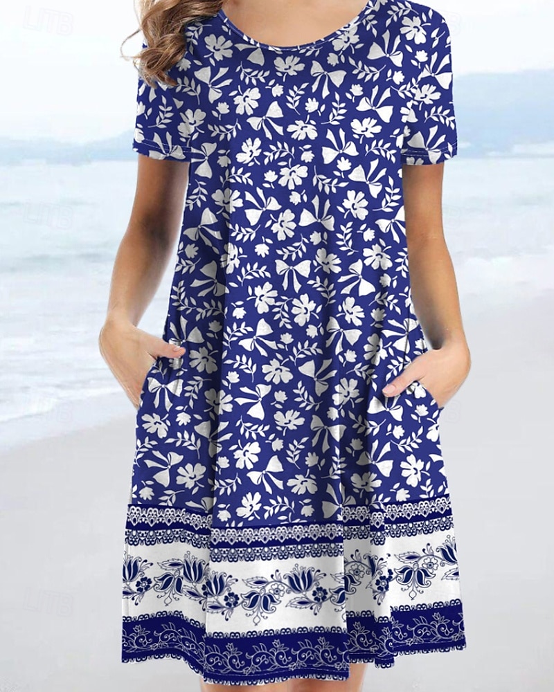 Pentru femei Rochie Mini Rochie florala Rochie Boho Clasic În aer liber Vacanță Zilnic Fit regulat Floare Manșon scurt Stil Nautic Albastru piscină Vară 2025 - $23.99 –P1
