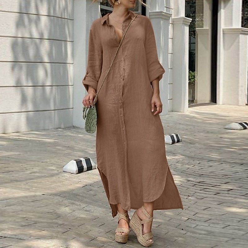 Per donna Abito Midi Abito Camicia Abito in cotone e lino Classico Moderno All'aperto Uscire Weekend Vestibilità regolare Semplice Manica Lunga Colletto a Camicia Bianco Blu marino Marrone Grigio del 2025 a $32.99 –P8