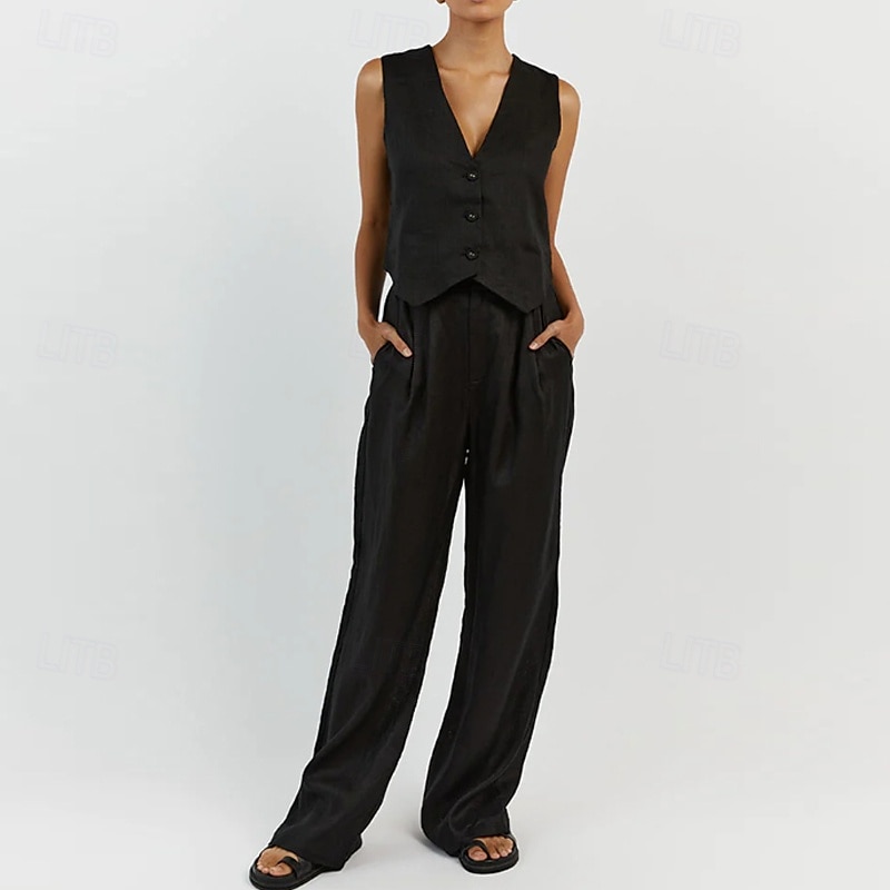 Women's Active Fashion Blouse Pants Sets Sleeveless V Neck Solid Color Dubbele Rij Knopen Daily Casual Daily Black White Pink Summer Regular Fit 2025 - $45.99 –P19