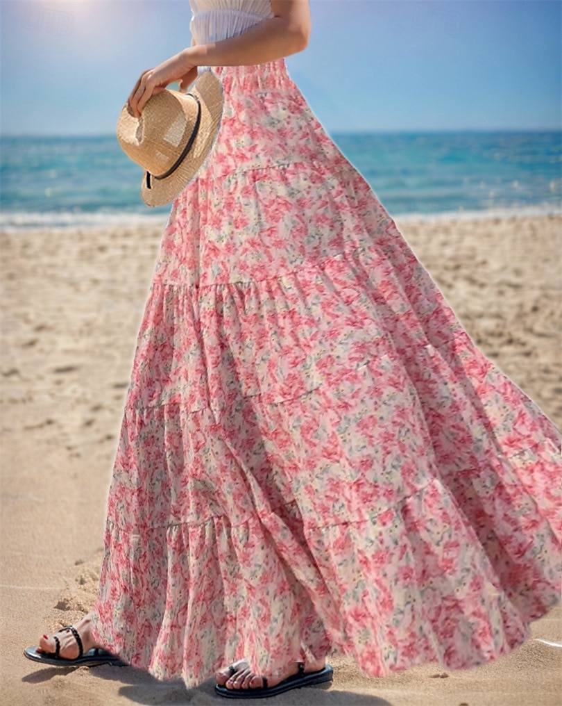 Dame Asiatisk størrelse الالتفاف Huske Lang Lengde Høst Maksi Høyt liv Skjørt Blomstret Fargeblokk Multi Layer Chiffon Trykt mønster Mikroelastisk Feriereise Fritid / hverdag Hvit Rosa Rød Blå Sommer 2025 - $27.99 –P5