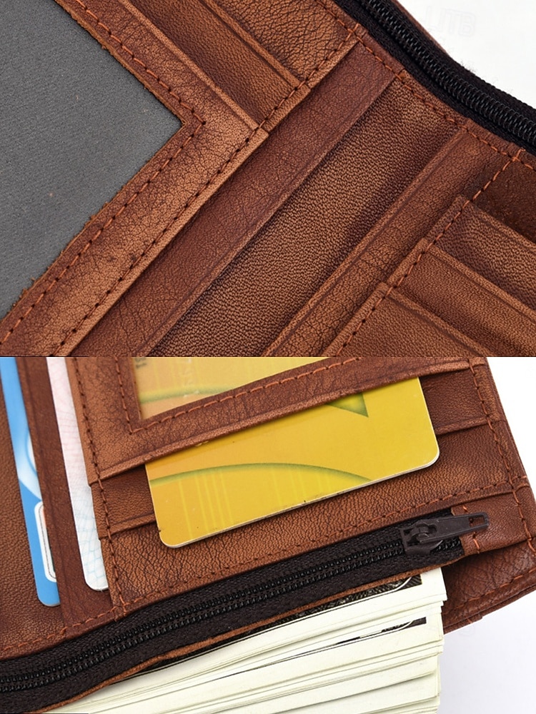 мужской кошелек двойного сложения с блокировкой RFID и съемным держателем для карт – 100% высококачественная воловья кожа, органайзер для нескольких карт, классический коричневый стиль для ежедневного использования и идеальный подарок на День отца 2025 - $19.99 –P7