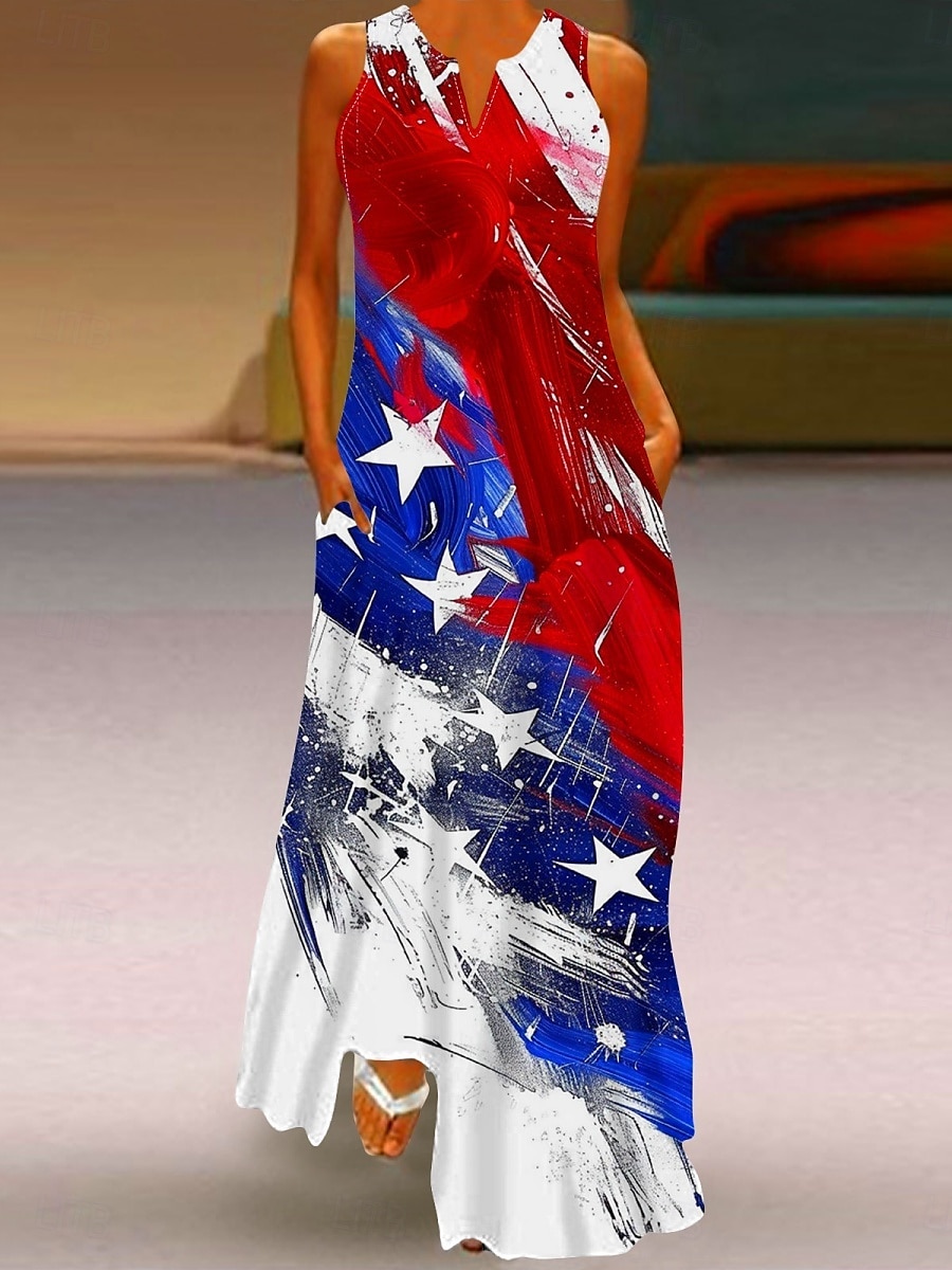 Independence Day Women's Patriotic Fourth of July Maxi Dress Shift Dress Summer Dress Casual Daily Holiday Regular Fit Flag Sleeveless Crew Neck Wine Red Navy Blue Blue Summer 2025 - $29.99 –P1