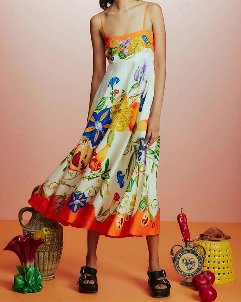Pentru femei Rochie Lunga Rochie Maxi Rochii de in bumbac Rochie casual Modă În aer liber Petrecere Concediu Fit regulat Floare Fără manșon Bretele Spagheti Portocaliu Vară 2025 - $36.99 –P1