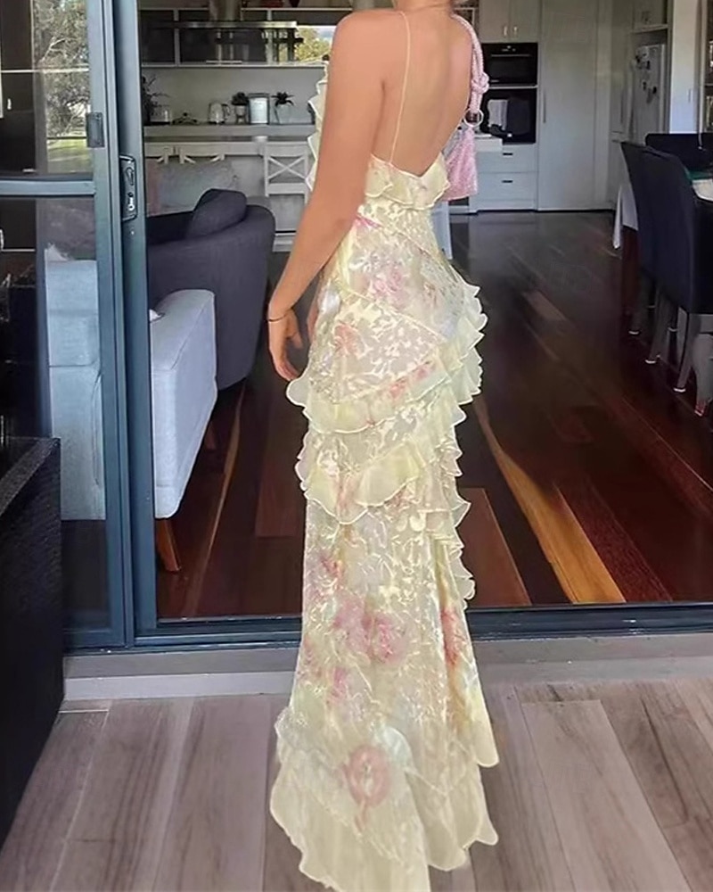 Femmes Robe Longue Maxi Robe Robe Décontractée Robe Fleurie Mode Robe élégante Extérieur Soirée Fête Coupe régulière Fleur Sans manches Col en V Jaune Rose Claire Orange Été de 2025 ? $35.99 –P6