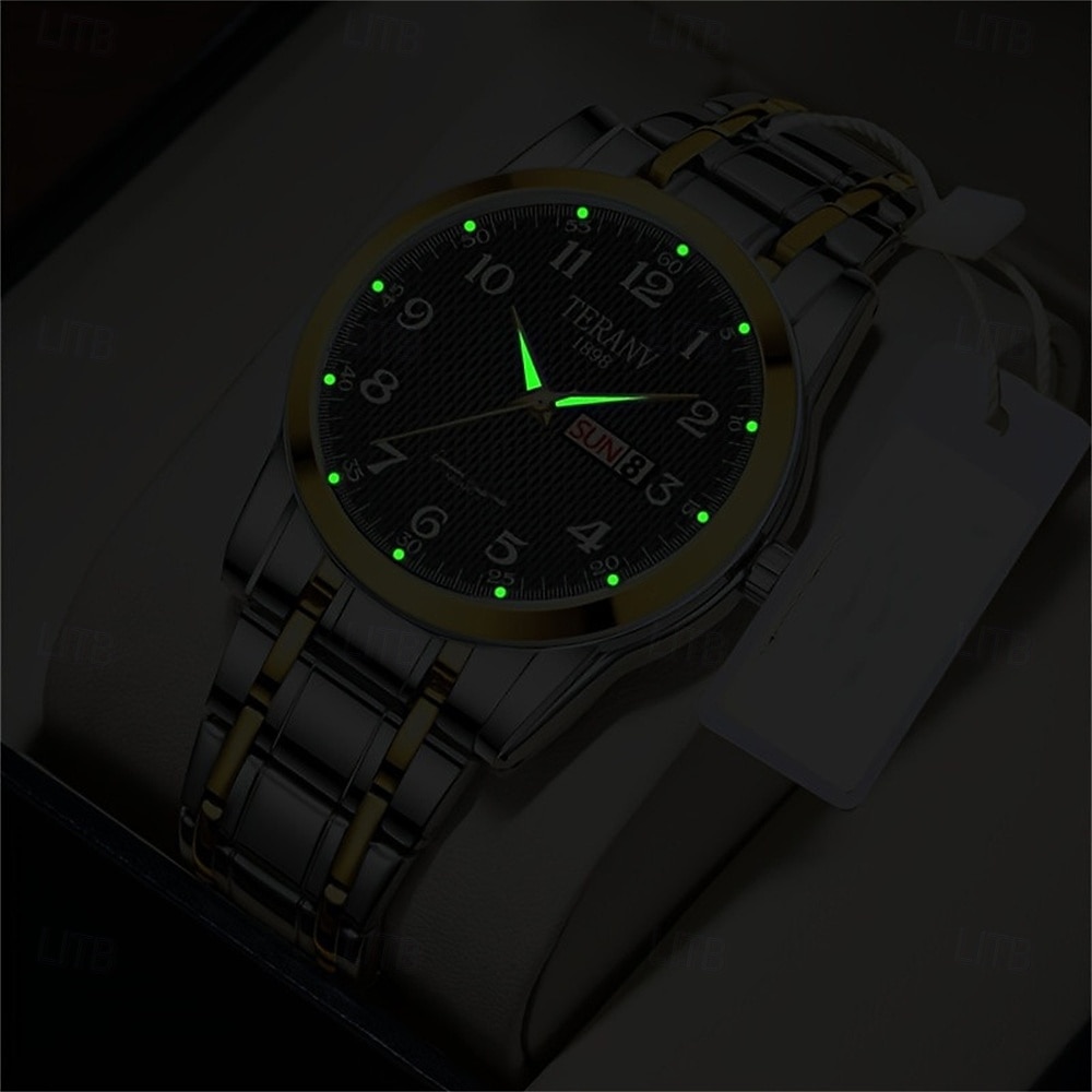 Ceas de mână bărbătesc la modă, cu curea din oțel, cu curea de cuarț, design simplu, cadran circular, calendar dual, impermeabil IPX7, cu lumină de noapte, ceas de afaceri 2025 - $12.99 –P2