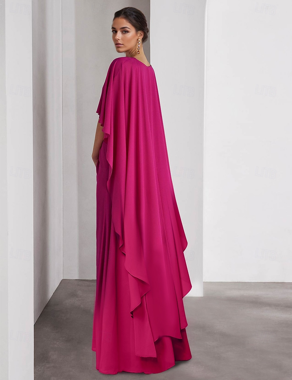 Vestido de noite elegante, cor-de-rosa e azul, com corte A, comprimento até o chão, manga curta, gola redonda, chiffon com xale de penas, 2025 de 2025 por $129.99 –P2