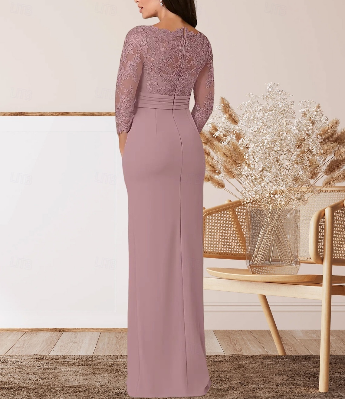 Sloupec  Sloupové šaty matky nevěsty Svatební Host Elegantní Čtvercový Krk Délka Podlahy Chiffon Krajka 3/4 Dlouhý Rukáv s Krajkovým Páskem  Stuhou Krepováním 2025 - $164.99 –P2